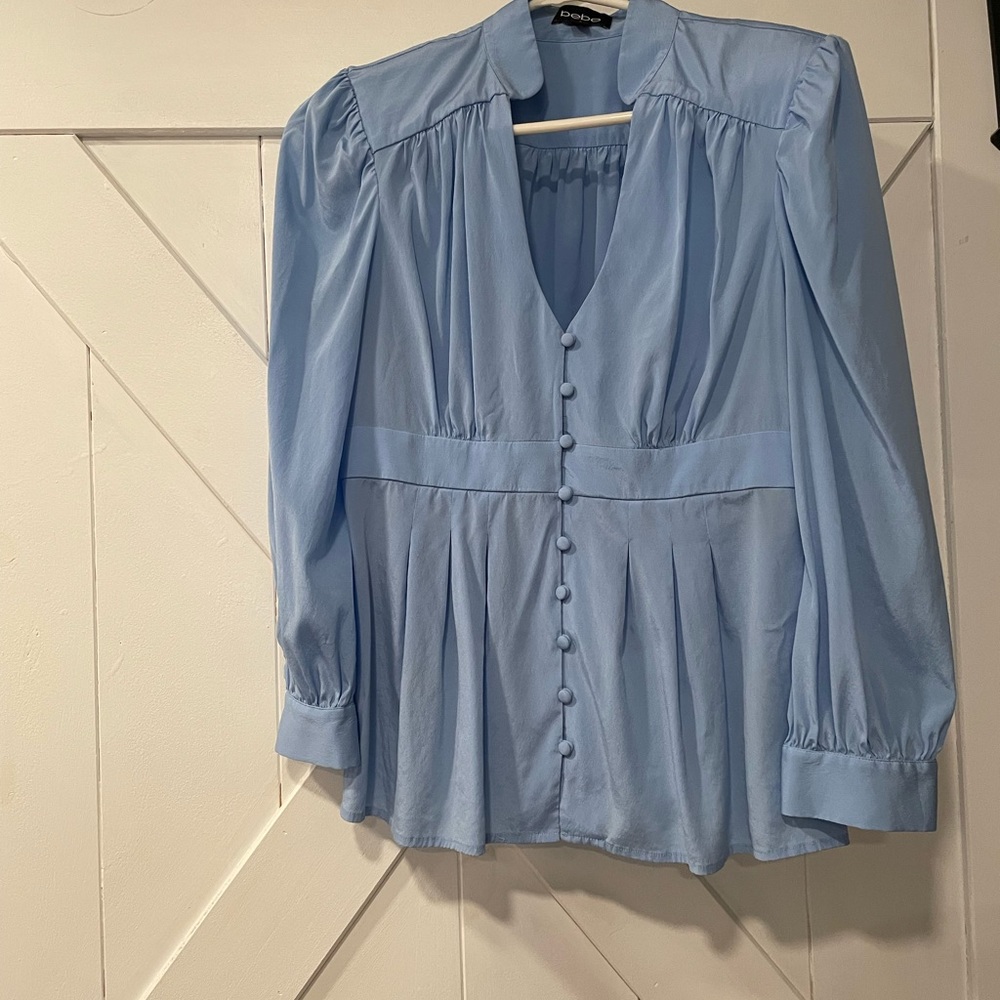 Bebe Light Blue Silk Blouse Sz M EUC